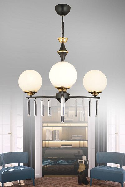 KARDELEN AYDINLATMA AVİZE Luxury Upward Facing Crystal Stone Chandelier with Propeller Black 3-Piece White Globe Glass
