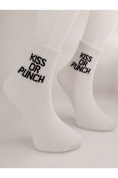 Shuttle Park White Unisex Comics Cut College Socks - Kiss Or Punch Written