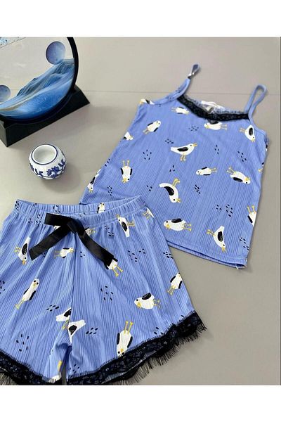 skycott Seagull Printed - Rope Strap Shorts Pajama Set - Lace and Ribbon Detailed