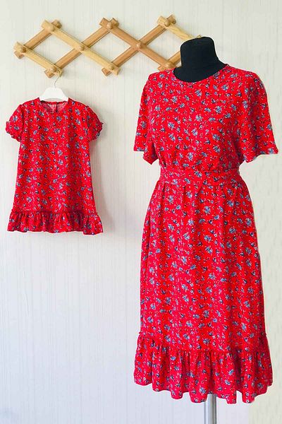 Bertuğ Bebek Pomegranate Flower Patterned Gathered Cotton Mother and Daughter Baby Dress