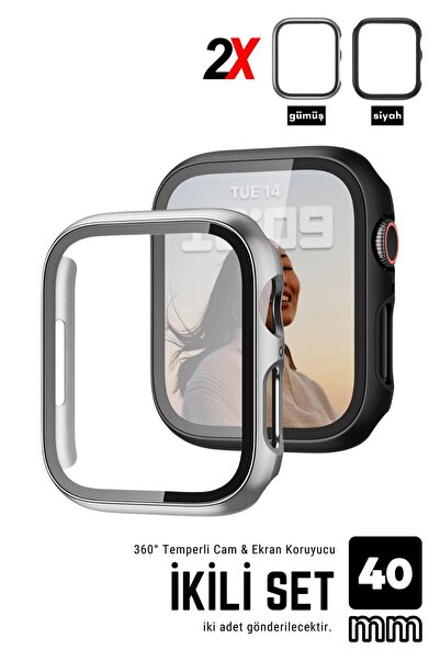 EWEC İkili Paket | Apple Watch 40 mm Kasa Uyumlu Gümüş ve Siyah Temperli Cam ...