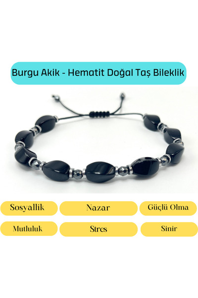 YILDIZ DOĞAL TAŞ Sertifikalı Siyah Burgu Akik ve Hematit Makrome Doğal Taş Bi...