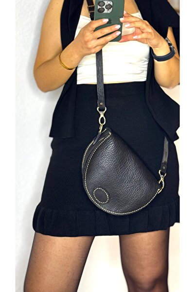 Tuvita Collection Bodrum %100 Gerçek Deri El Yapımı Siyah Kadın Omuz Askılı D...