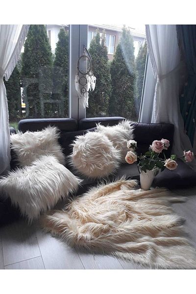 sevaradekor Plush Rectangle Throw Pillow Cover Off White Long Feather 30X50Cm