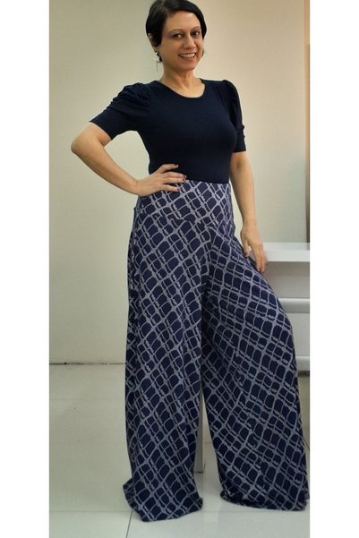 Mertcan Butik Navy blue chain patterned elastic waist wide leg knitted pants skirt