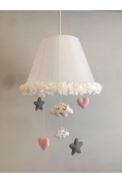 Keçeli parti hayalleri Bebek Çocuk Odası Avize Tül Sarma Bulut Açık Pembe Kalp Gri Yıldız