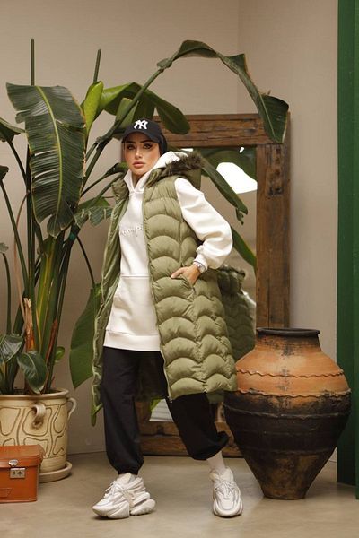 MAS BUTİK Long Puffer Vest with Hooded Fur Detail