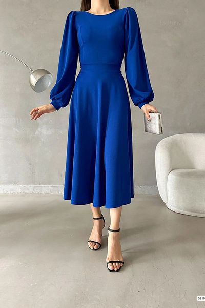 Planet Prestige Rochie midi Saks albastră cu mânecă cu balon cu decolteu triplu