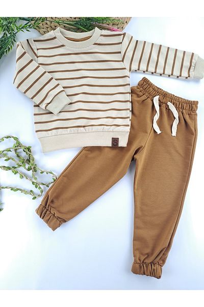 Butik Boys' Seasonal Tracksuit Set - Brown Striped, Elastic Waist Leg