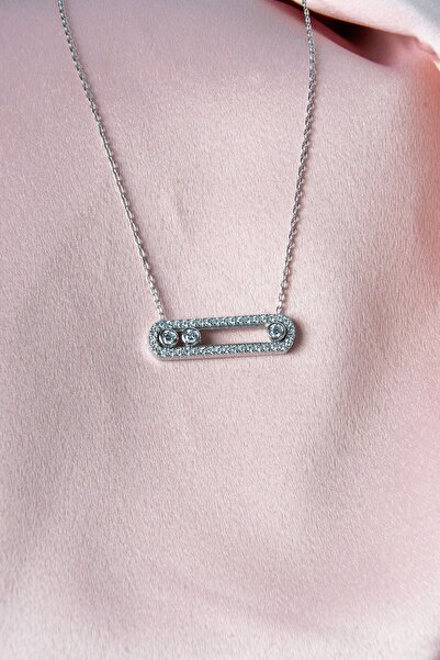 eva silvera 925 Ayar Gümüş Messika Kolye Zirkon Taşlı Oval Kolye Silver