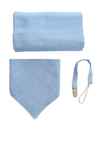 runbaby Light Blue Muslin Baby Set - 100% Cotton, 75x75cm Cover Scarf, Pacifier Strap
