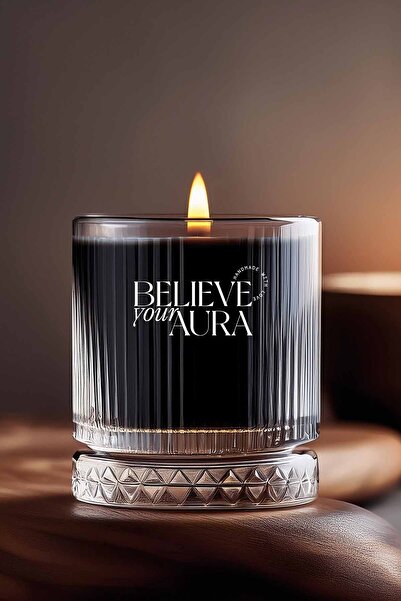 Believe Your Aura Sandal Ağacı Kokulu Mum - %100 Doğal Soya Mumu Kristal Bard...