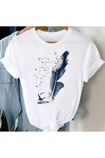 SUNFREE Feather Freedoom Bird Desenli - Oversize Μπλουζάκι με Στρογγυλή Λαιμόκοψη για Γυναίκες