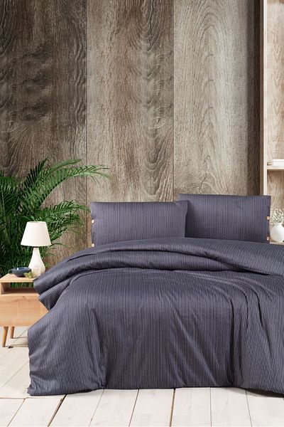 CollessiaHome Комплект плик за завивка от 100% памучен сатен с двойни райета и дървени копчета - БЕЗ ЧАРШАФИ - Тъмносин