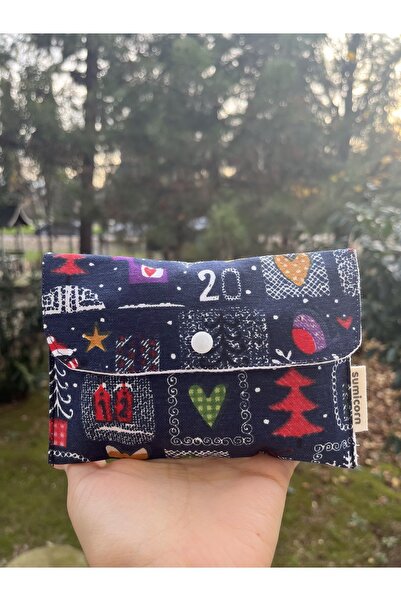 sumicorn Yılbaşı Desenli Keten Yıkanabilir Çıtçıt Detaylı Ped Çantası, Mini C...