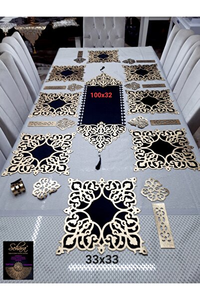 SEHARA Runner/Amerikan Servis/25 Parça/8 Kişilik/Yemek Sunum Takımı/Siyah Kad...