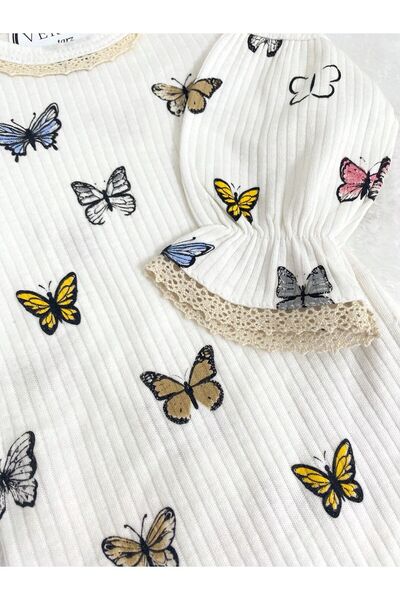 VERONA TARZ Butterfly Patterned Lace Baby Girl 3-Piece Set - Balloon Sleeves and Headband