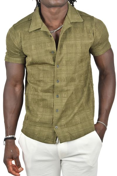 DeepSEA Ανδρικό πουκάμισο με ανάγλυφο σχέδιο Khaki Slim Fit - Lycra, κοντομάνικο 2403222