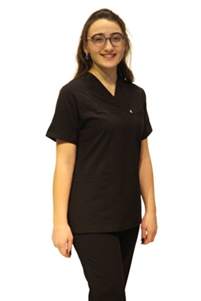 DENİZ İŞ طبيب ممرضة بدلة جراحية من القطن الأسود ذات طية صدر السترة