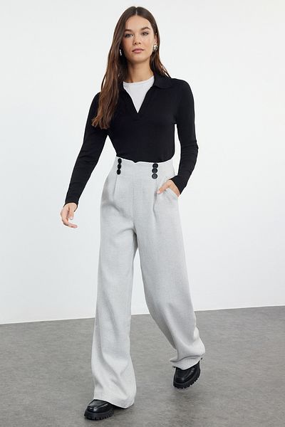 Trendyol Collection Világosszürke gombos részletes széles szárú szőtt nadrág TWOAW21PL0492