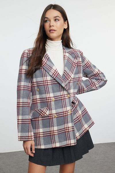 Trendyol Collection Übergroße graue karierte Blazerjacke – zweireihiger Verschluss und gefüttertes TWOAW22CE0178