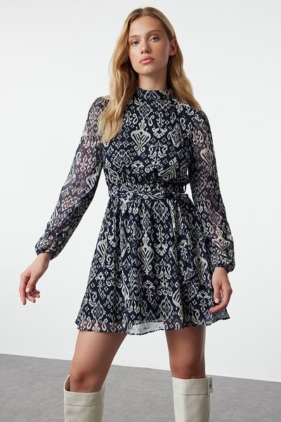 Trendyol Collection Етнічна ткана темно-синя коротка сукня TWOAW24EL00665