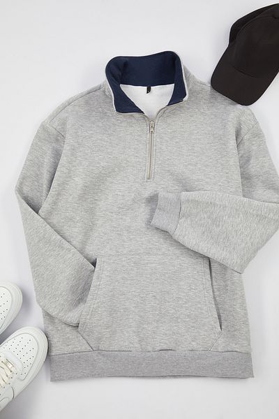 Trendyol Collection Γκρι μελανζ υπερμεγέθη/φαρδύ γιακά με φερμουάρ με φλις μέσα/ζεστό φούτερ TMNAW25SW00081