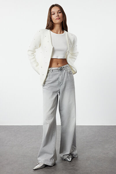 Trendyol Collection Soft Textured Ecru Knitwear Cardigan - Stone Embroidered Jacket Look Twoaw25Hi00166