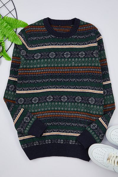 Trendyol Collection Sötétkék karcsú gyapjú nyakú etnikai kötöttáru pulóver TMNAW21KZ0377