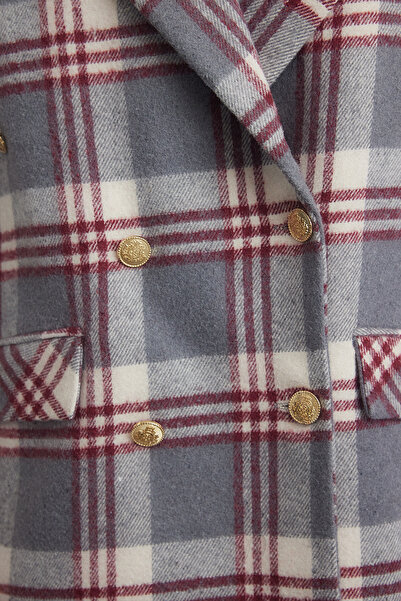 Trendyol Collection Oversize Gray Plaid Blazer Jacket - Double Breasted Closure and Lined TWOAW22CE0178