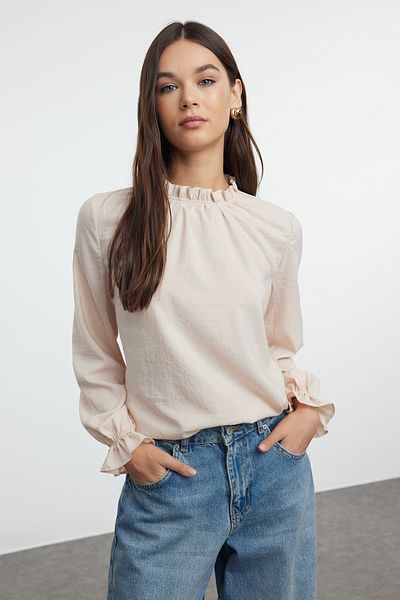 Trendyol Collection Μακρυμάνικη υφασμένη μπλούζα με γιακά σταντ - TWOAW25BZ00085