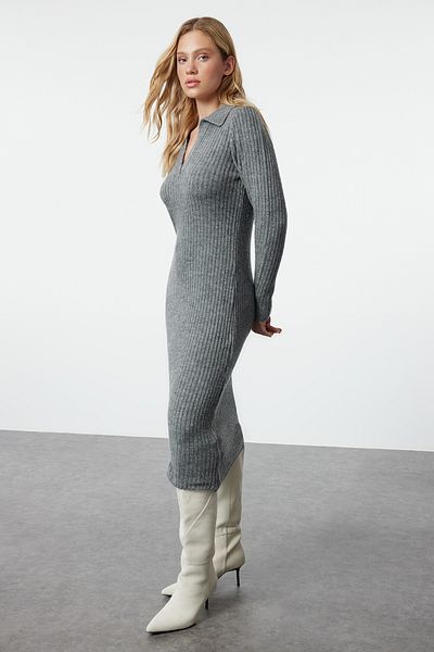 Trendyol Collection Polo Neck Anthracite Midi Knitwear Dress - Soft Texture TWOAW24EL00026