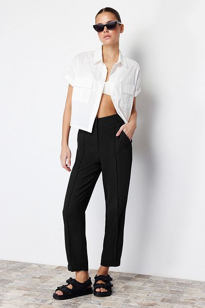 Trendyol Collection Black Cigarette Ribbed Woven Trousers TWOSS24PL00117