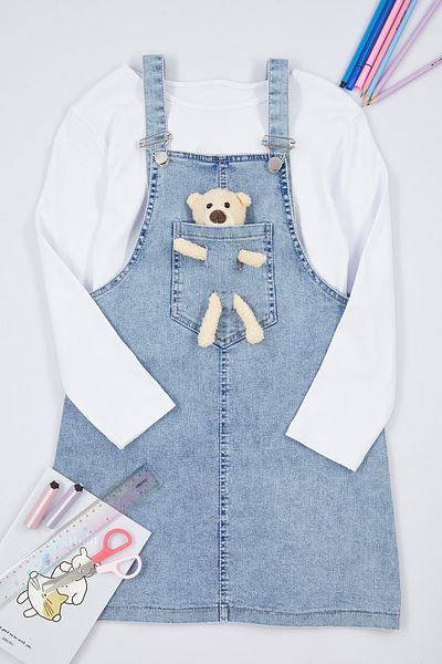 TRENDYOLKIDS Ledově modré 2dílné tričko Džínové šaty Bavlna Denim Salopet Set pro dívku - Tkdaw25Se00002