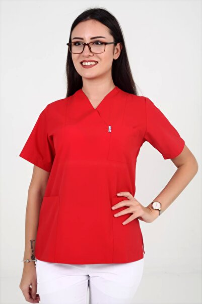 DENİZ İŞ Women's Terycotton Envelope Collar Red Color Scrubs Single Top