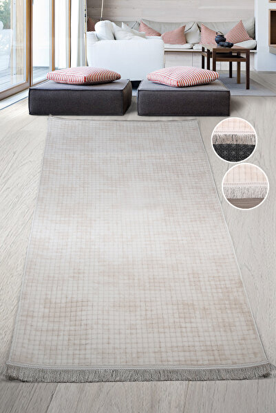 Bonny Home Square Plus Cream Sports Fringed Cut Runner Machine Washable Soft ...