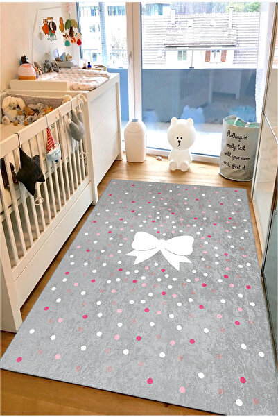 Bebişim Halı Gri Zemin Puantiyeli Fiyonklu Çocuk Halısı
