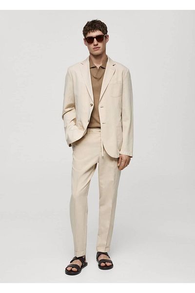 MANGO Man Linen Blended Slim Fit Drawstring Trousers