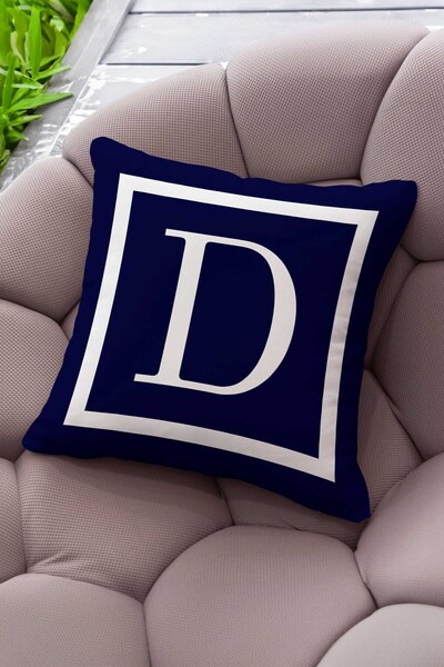 Şah Dekor Husă de pernă cu litere de culoare albastru bleumarin și alb cu imprimare digitală