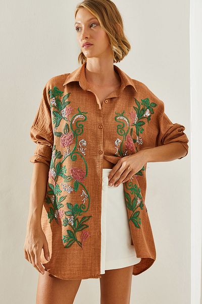 Bianco Lucci Sofia Embroidered Linen Women's Shirt - Modest 60181014