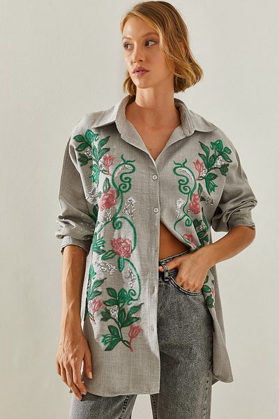 Bianco Lucci Sofia Embroidered Linen Women's Shirt - Modest 60181014
