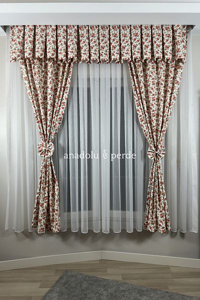 GLOMAR Kitchen Curtain - 1/3 Crispy Floral Red Pattern, Rustic Short Background Curtain with Barbell