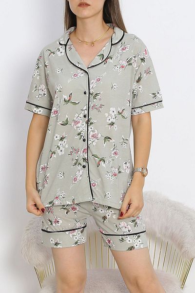 SGDİKEN BUTİK Light Green Buttoned Pajama Set with Shorts - 18944.1567