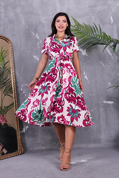 ZEYWEAR Gömlek Yaka Düğmeli Kloş Elbise