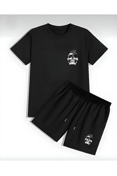MODARİCH Pirate T-Shirt Shorts - Black T-Shirt with Shorts Top and Bottom Set Printed Oversize Crew Neck