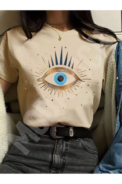 MODARİCH T-Shirt Spiritual Eye - Μπεζ με στάμπα Oversize λαιμόκοψη κοντό μανίκι