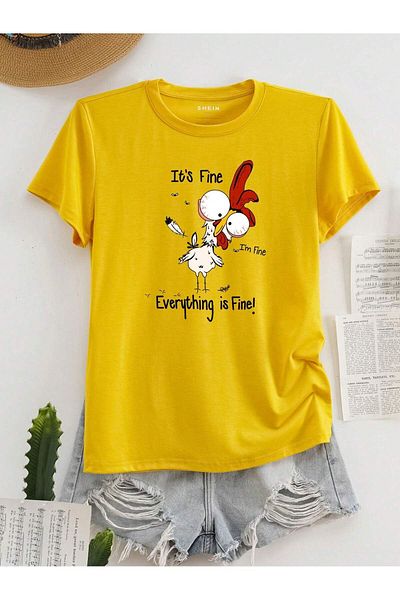 MODARİCH Everything Fine T-Shirt - Κίτρινο εμπριμέ Oversize Crew λαιμόκοψη κοντό μανίκι φαρδύ
