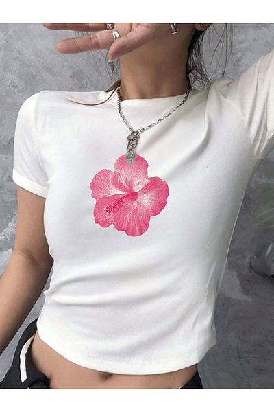 Bengi Clothing Λευκό εμπριμέ γυναικείο Crop Top - Y2k κοντομάνικη μπλούζα