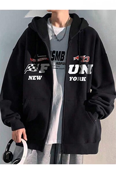 MODARİCH Fun New York Cardigan - Black Printed Winter Oversize Hooded Zipper ...