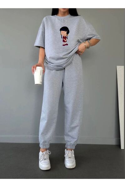 MODARİCH Chen T-shirt Jogger Sweatpants - Σετ με γκρι στάμπα Oversize Crew Neck